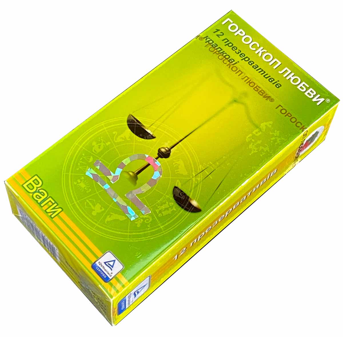 Синий фон с изображением упаковки презервативов Гороскоп любви и знаками зодиака