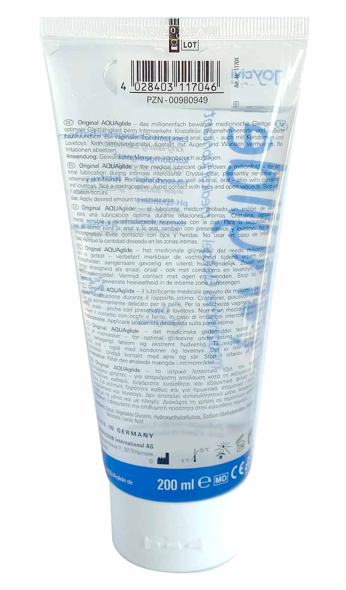 Прозорий флакон із синьою кришкою та написом Aquaglide, 200 мл, зволожуючий гель