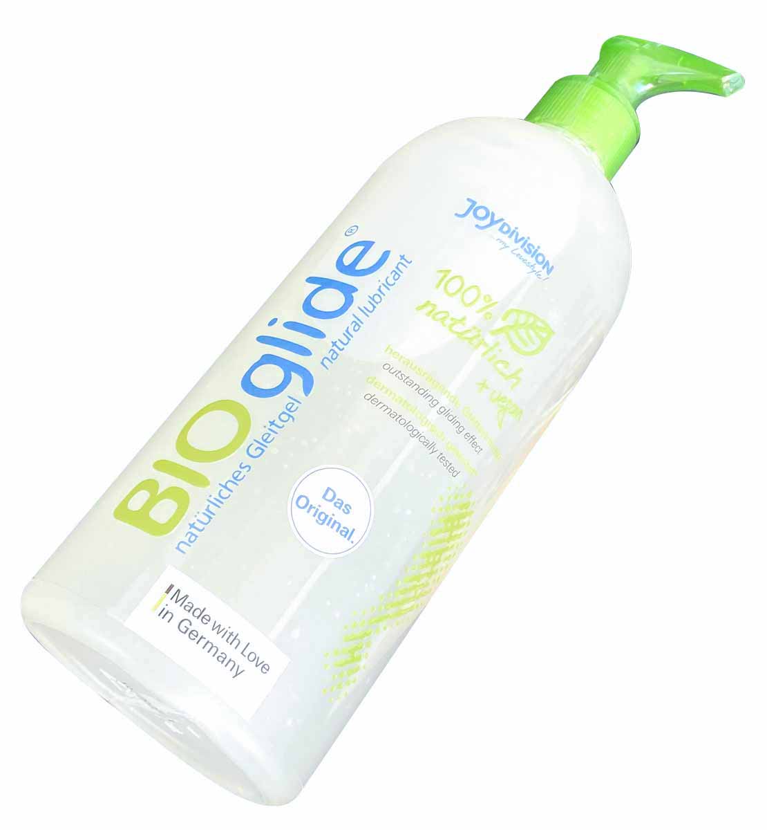 Прозрачный флакон с белой помпой и синим лого BioGlide 500 мл