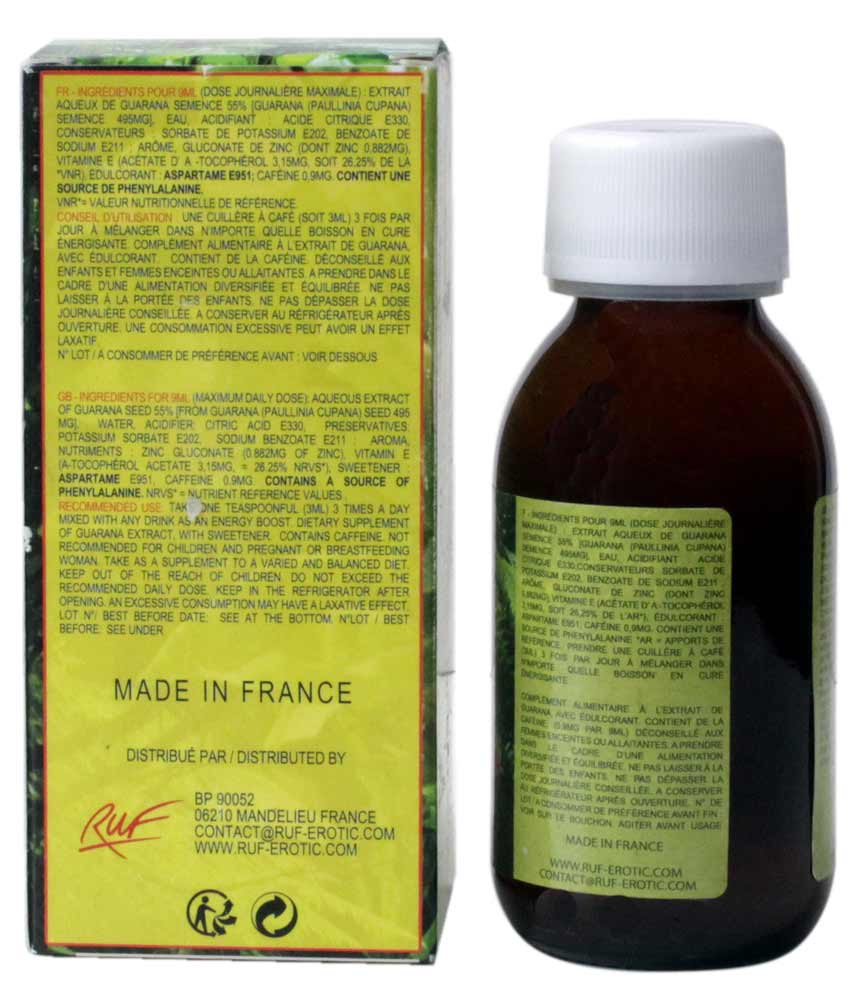 Прозорий флакон з білою кришкою та етикеткою RUF Guarana ZN Special 100 мл