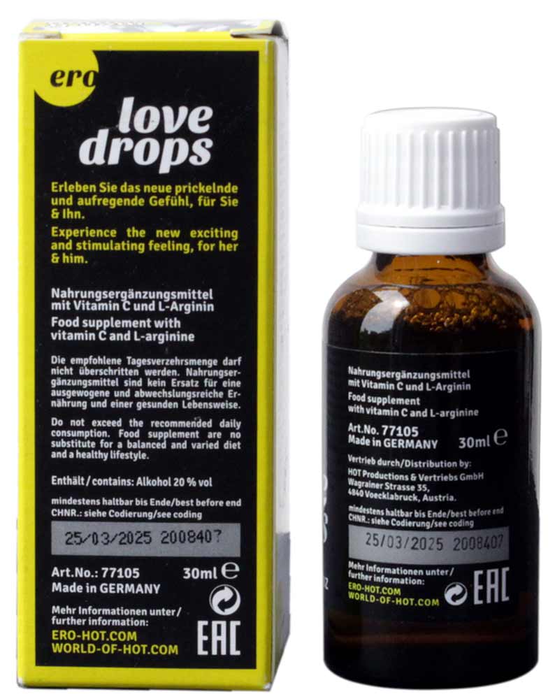 Прозорий флакон з білою кришкою, червона етикетка ERO Love Drops 30 мл