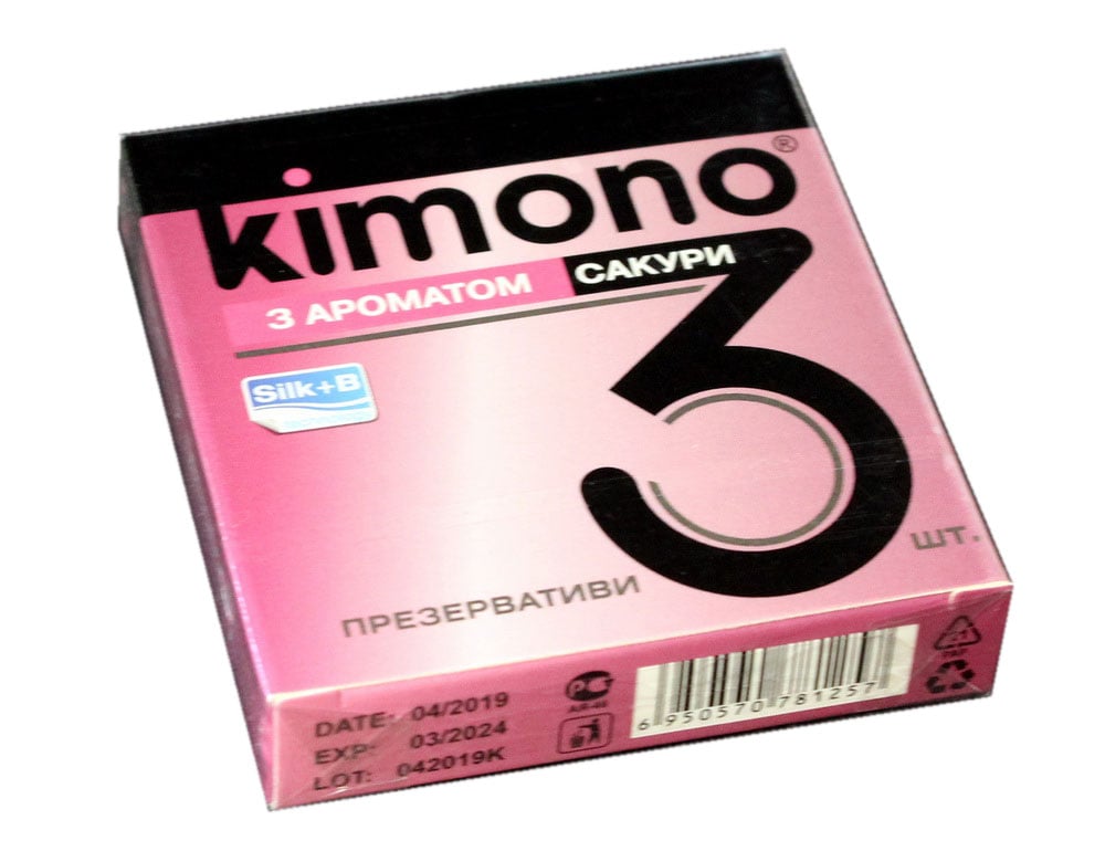 Фиолетовая коробка Kimono Sakura 3 презерватива с розовыми цветами и надписью Sakura