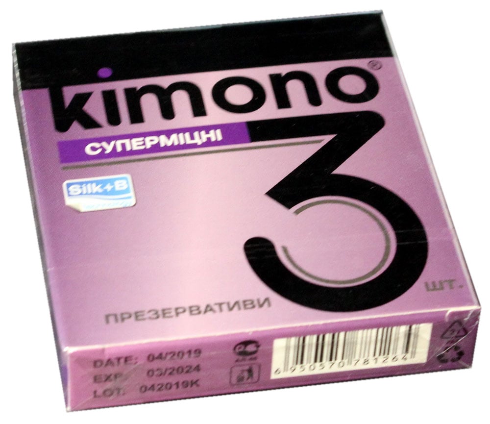 Черная упаковка Kimono Super Сверхпрочные 3 презерватива с серебристым логотипом