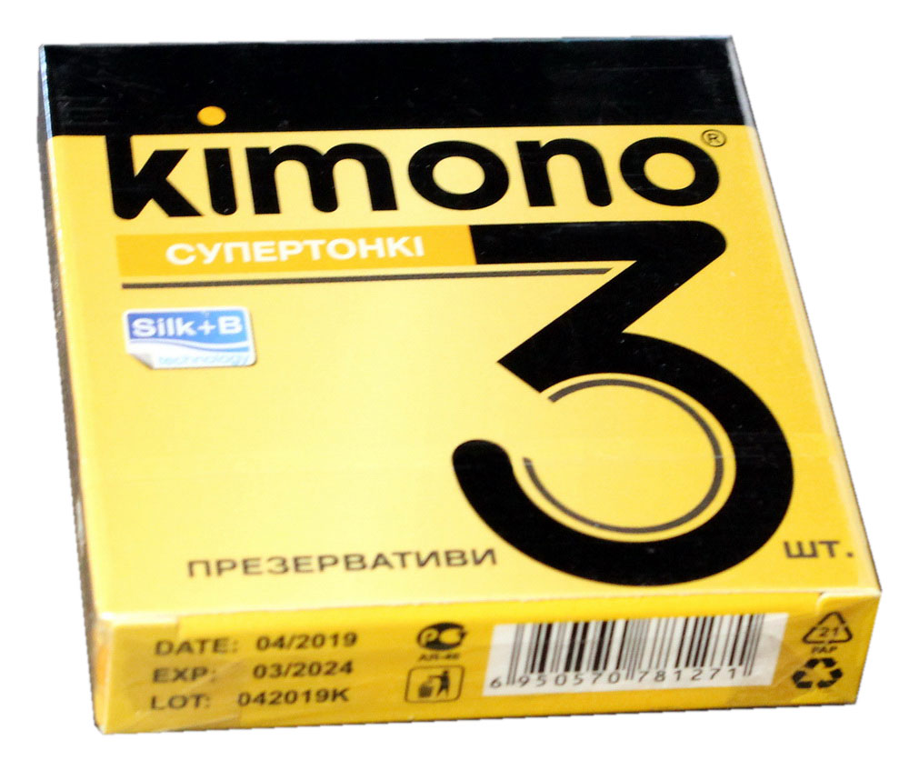 Синий фон, белая упаковка с логотипом Kimono и надписью Superthin 3 condoms