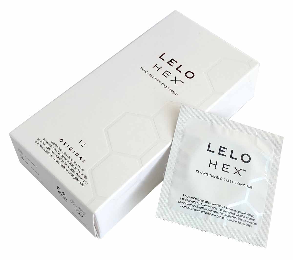 Світло-сіра картонна коробка Lelo HEX Original з золотим шрифтом, 12 презервативів