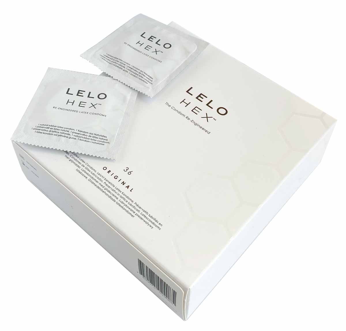 Білий фон, сіра упаковка з гексагональним візерунком та написом Lelo HEX Original 36 шт