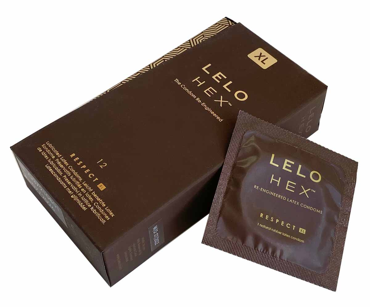 Черная упаковка Lelo HEX Respect XL с серебристым шрифтом, 12 презервативов увеличенного размера