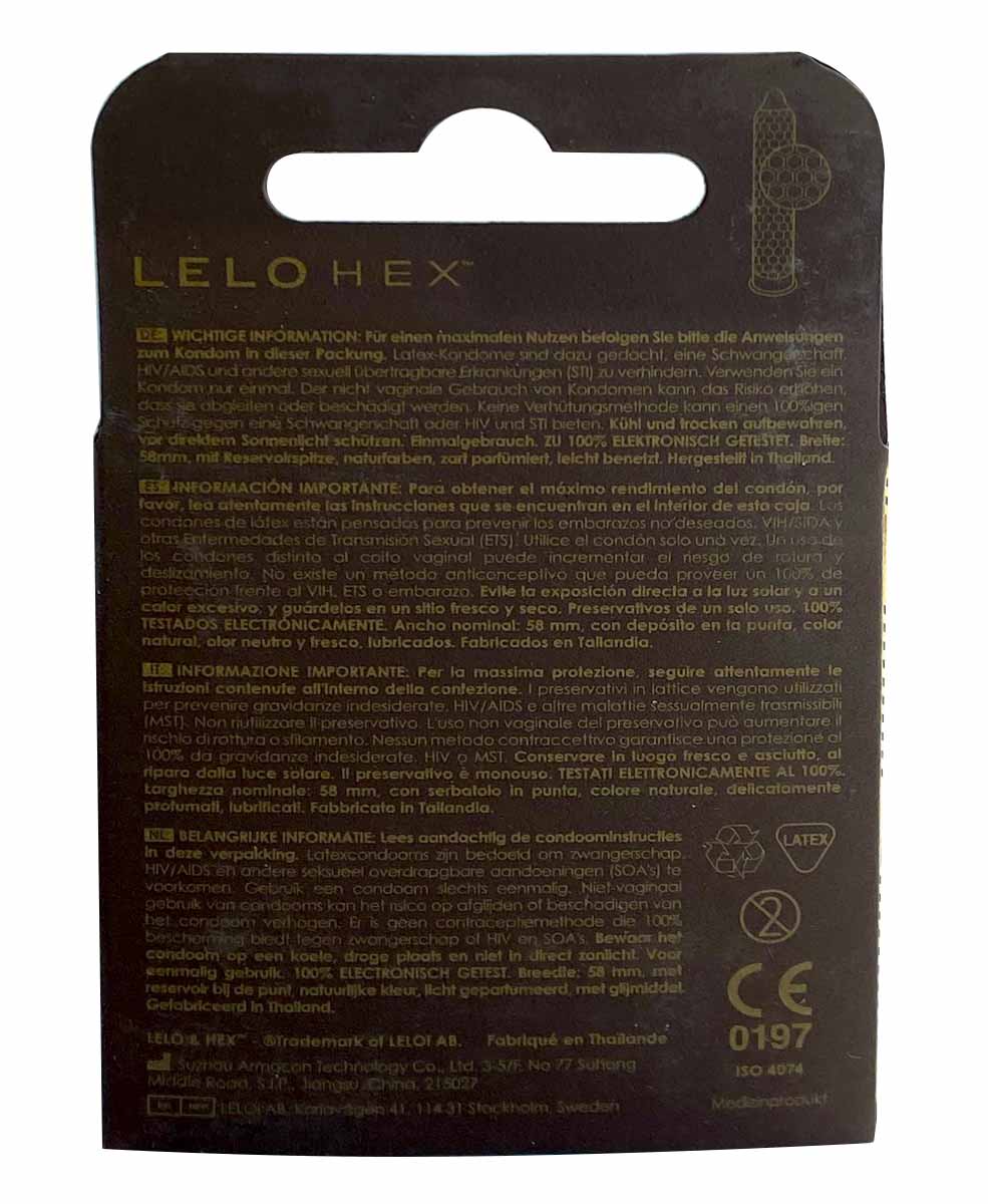 Белая коробка Lelo HEX Respect XL с золотой гексагональной текстурой и надписью 3 шт