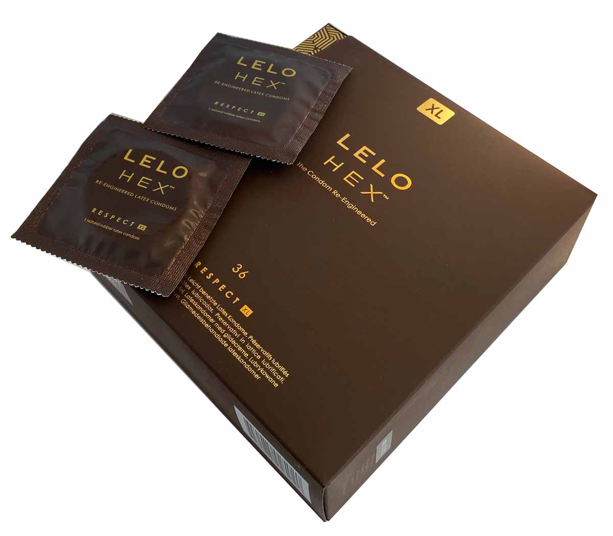 Синя картонна коробка Lelo HEX Respect XL 36 презервативів із сріблястим гексагональним візерунком