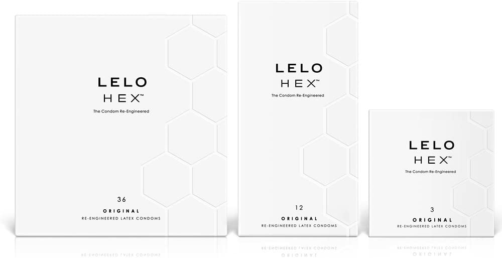 Світло-сіра коробка з рельєфним написом Lelo HEX Original та позначкою 36 шт