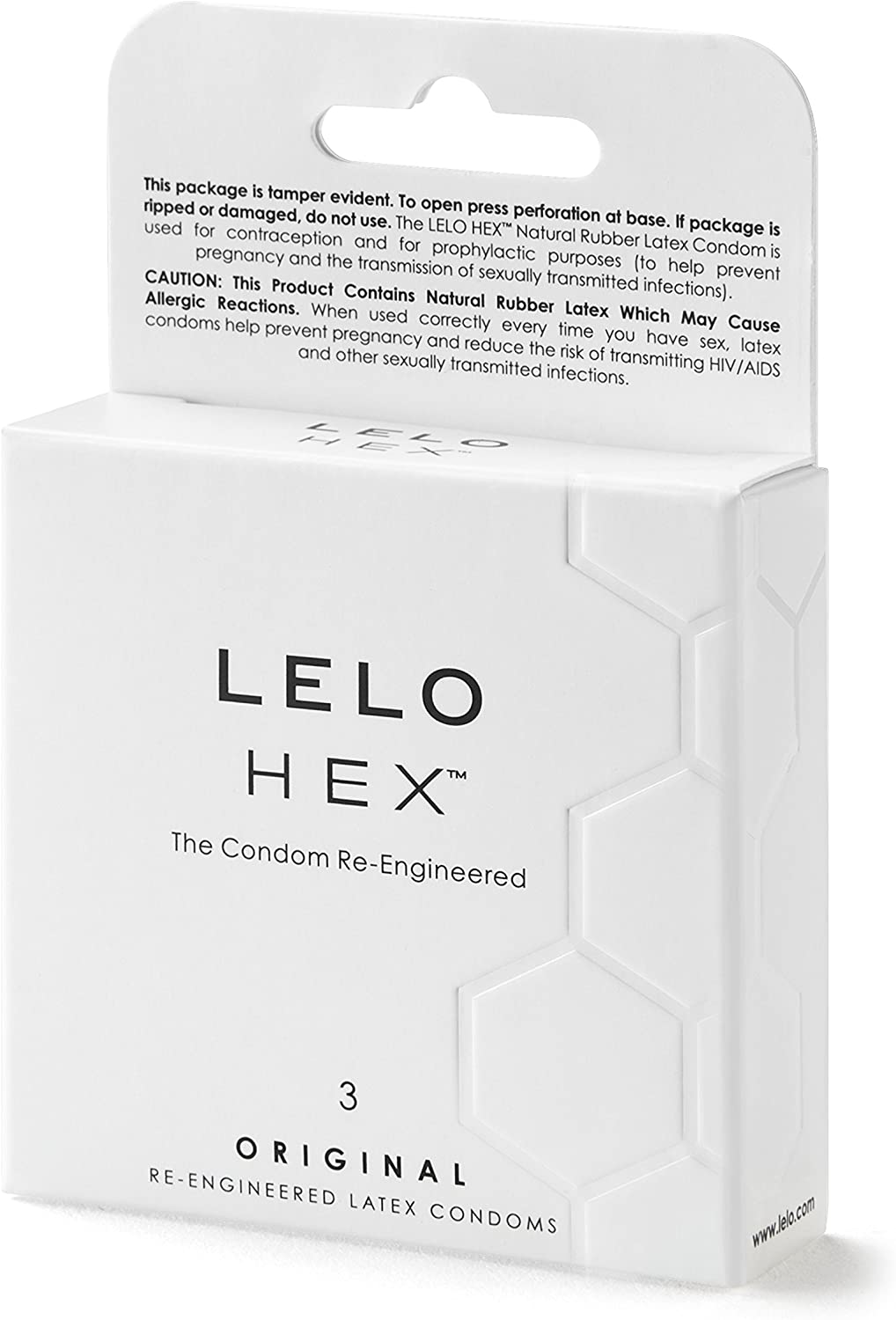Белая коробка Lelo HEX Original 3 шт с гексагональным узором и черным логотипом