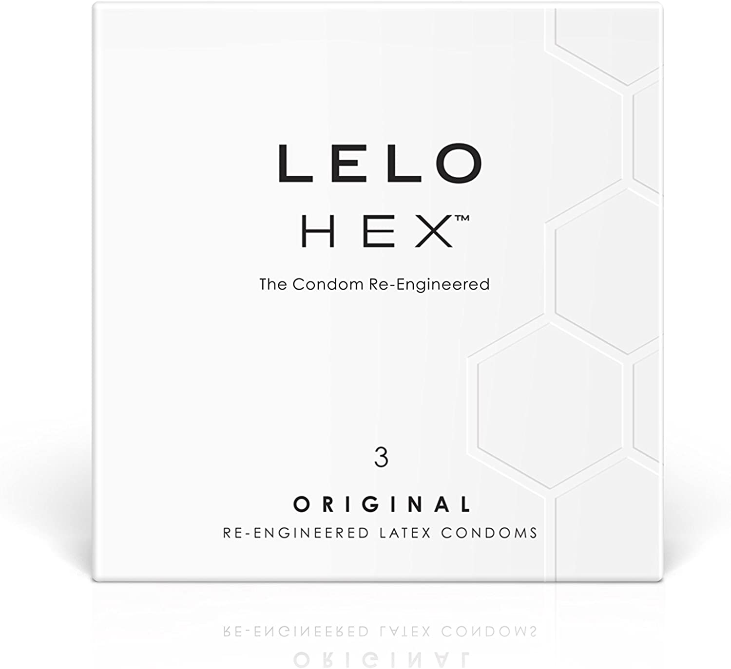 Белая коробка Lelo HEX Original с золотистым логотипом и надписью 3 презерватива