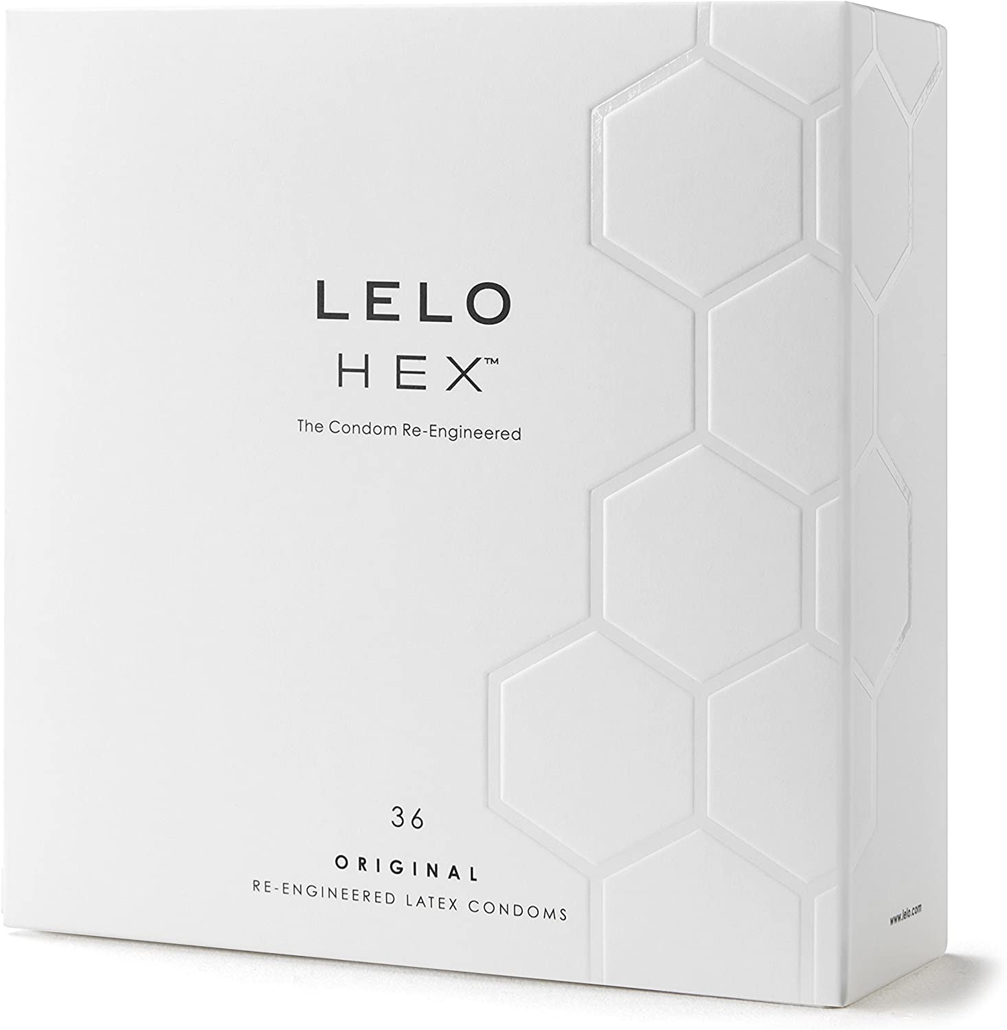 Світло-сіра коробка Lelo HEX Original з гексагональним візерунком та написом 36 condoms