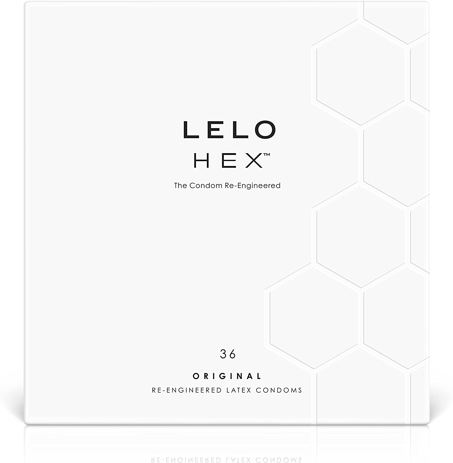 Світло-сіра коробка Lelo HEX Original із золотистими гексагональними елементами та написом 36 шт