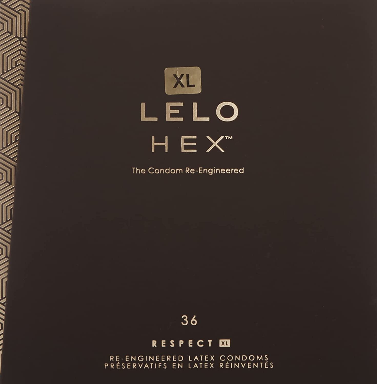 Синя картонна коробка Lelo HEX Respect XL з написом 36 шт та гексагональним візерунком