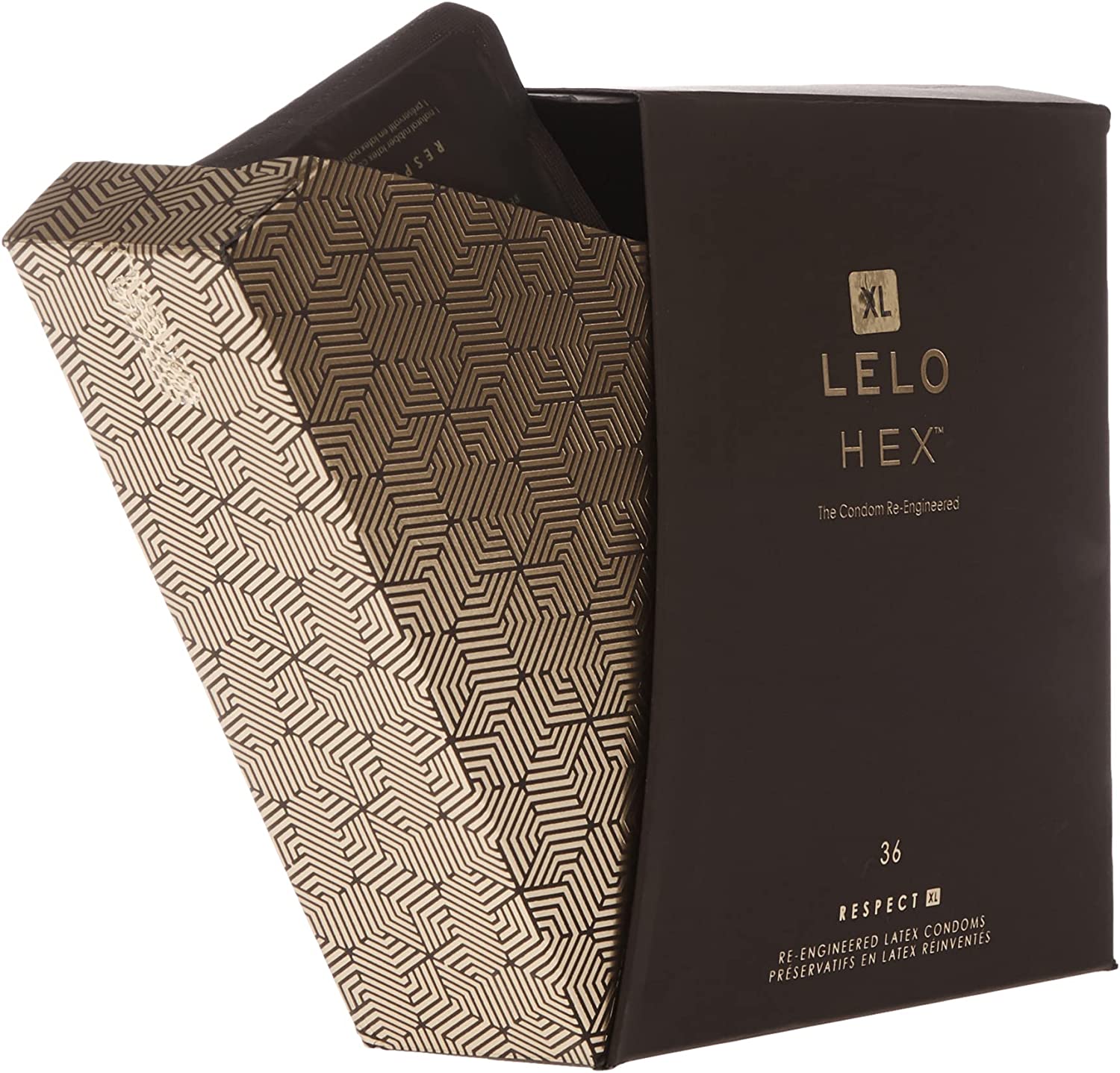 Темно-сіра коробка Lelo HEX Respect XL із золотим логотипом та написом 36 condoms великий розмір