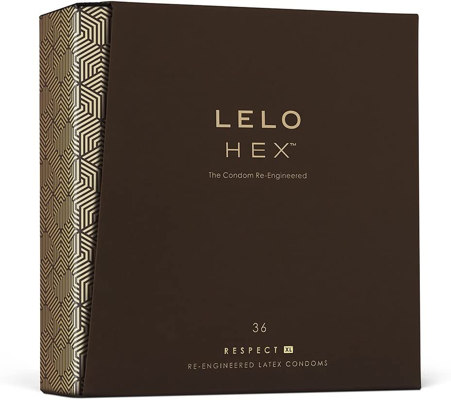 Сірий картон з великим написом Lelo HEX Respect XL та цифрою 36 на білому тлі