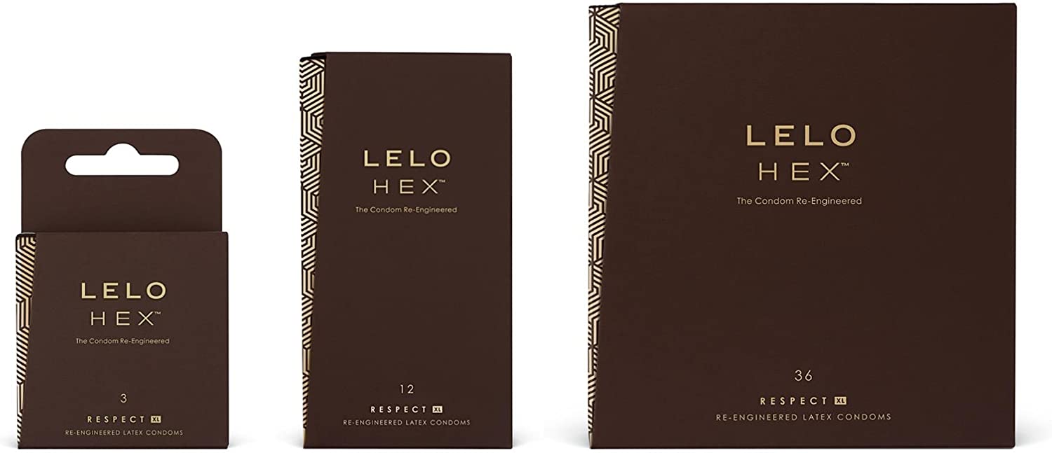 Чорна коробка з гексагональним візерунком та написом Lelo HEX Respect XL 36 шт