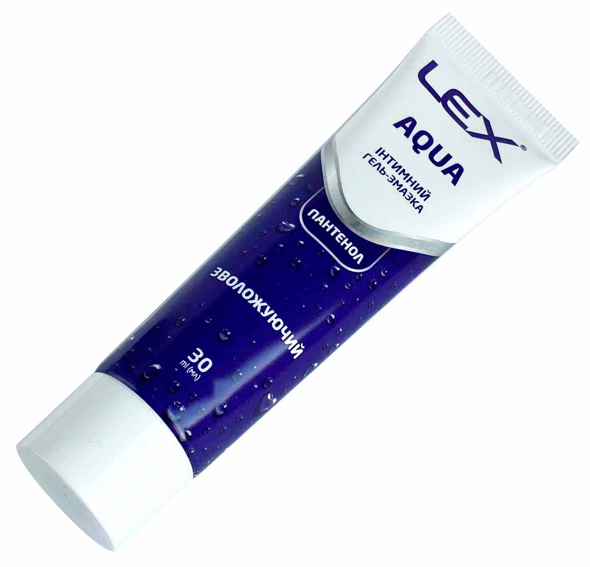 Прозрачный пластиковый тюбик лубриканта Lex AQUA 30мл с синими и белыми надписями