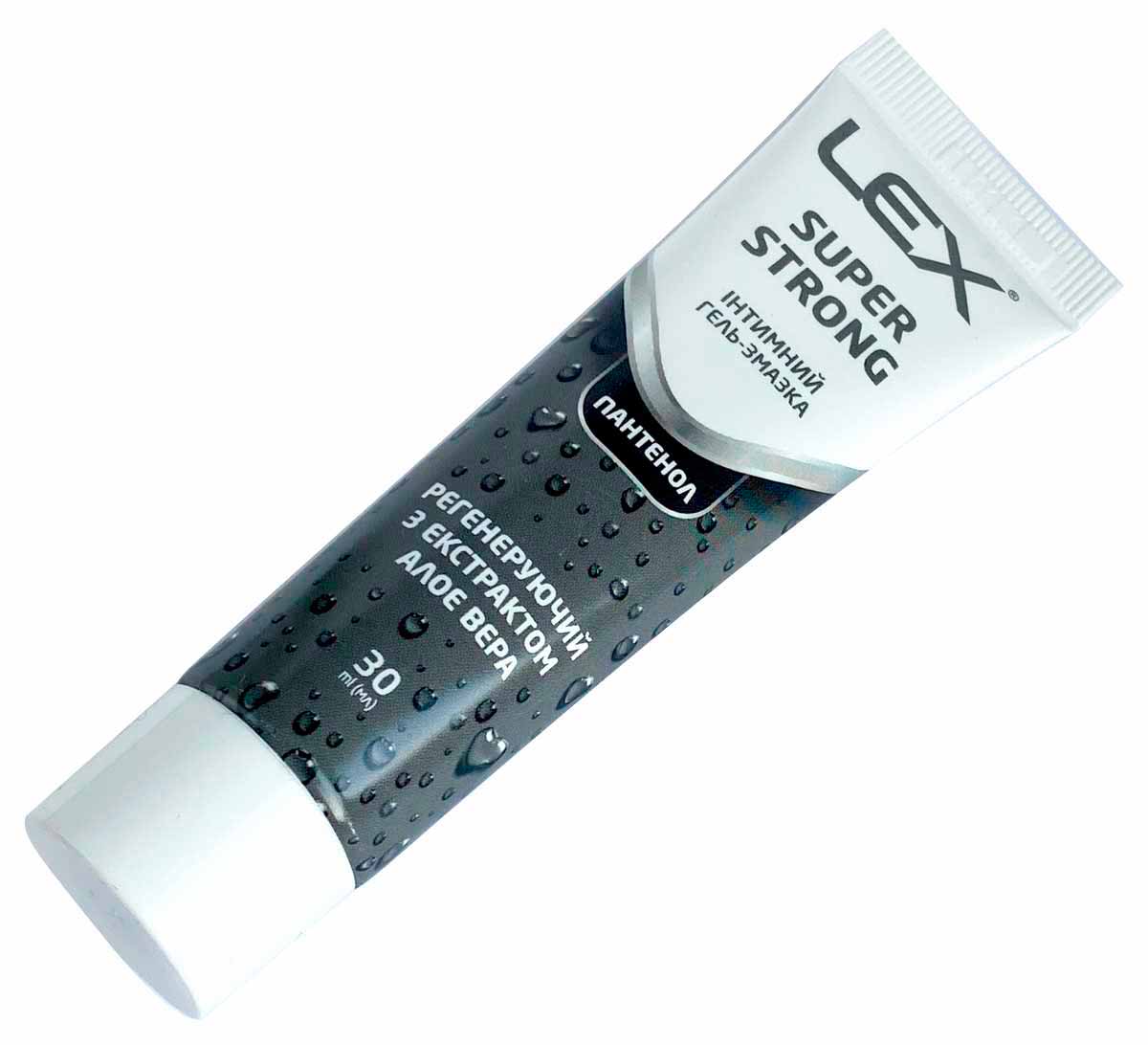Прозрачный тюбик с синим колпачком и надписью Lex Super Strong 30 мл пантенол алоэ вера