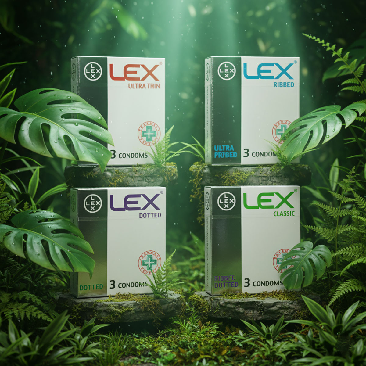 Разноцветные коробки презервативов LEX ассорти с надписями и количеством 3 штуки на каждой
