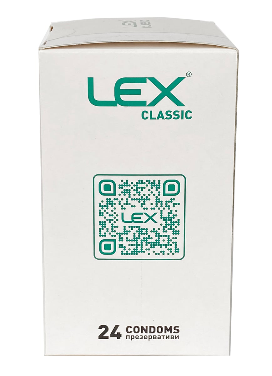 Синий фон, белая коробка с синим логотипом LEX Classic и надписью 24 condoms