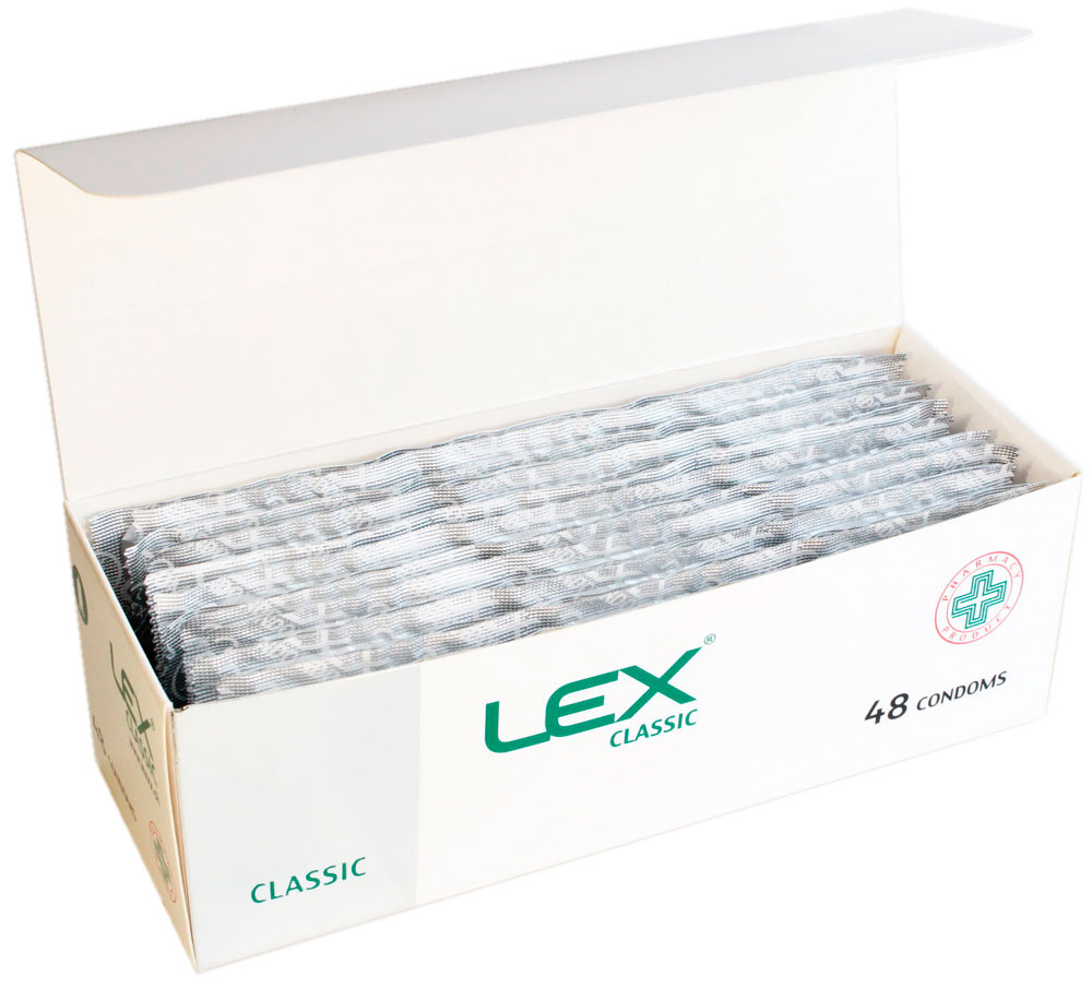 Синя картонна коробка LEX Classic з білим написом та позначкою 48 шт на блакитному фоні