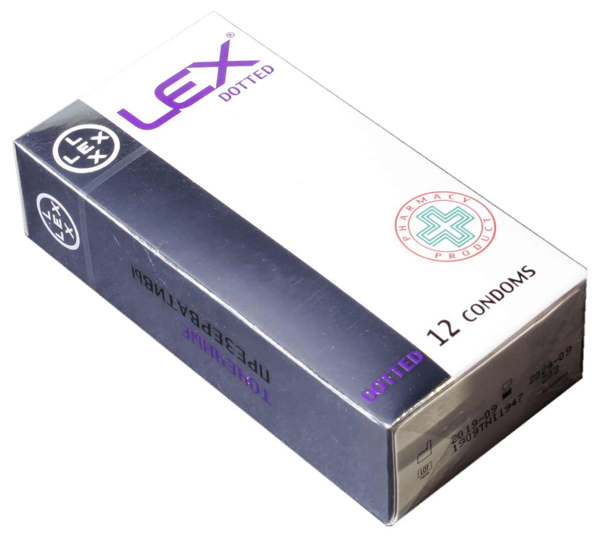 Темный фон, вертикальная упаковка LEX Dotted с желтыми и белыми надписями, 12 шт