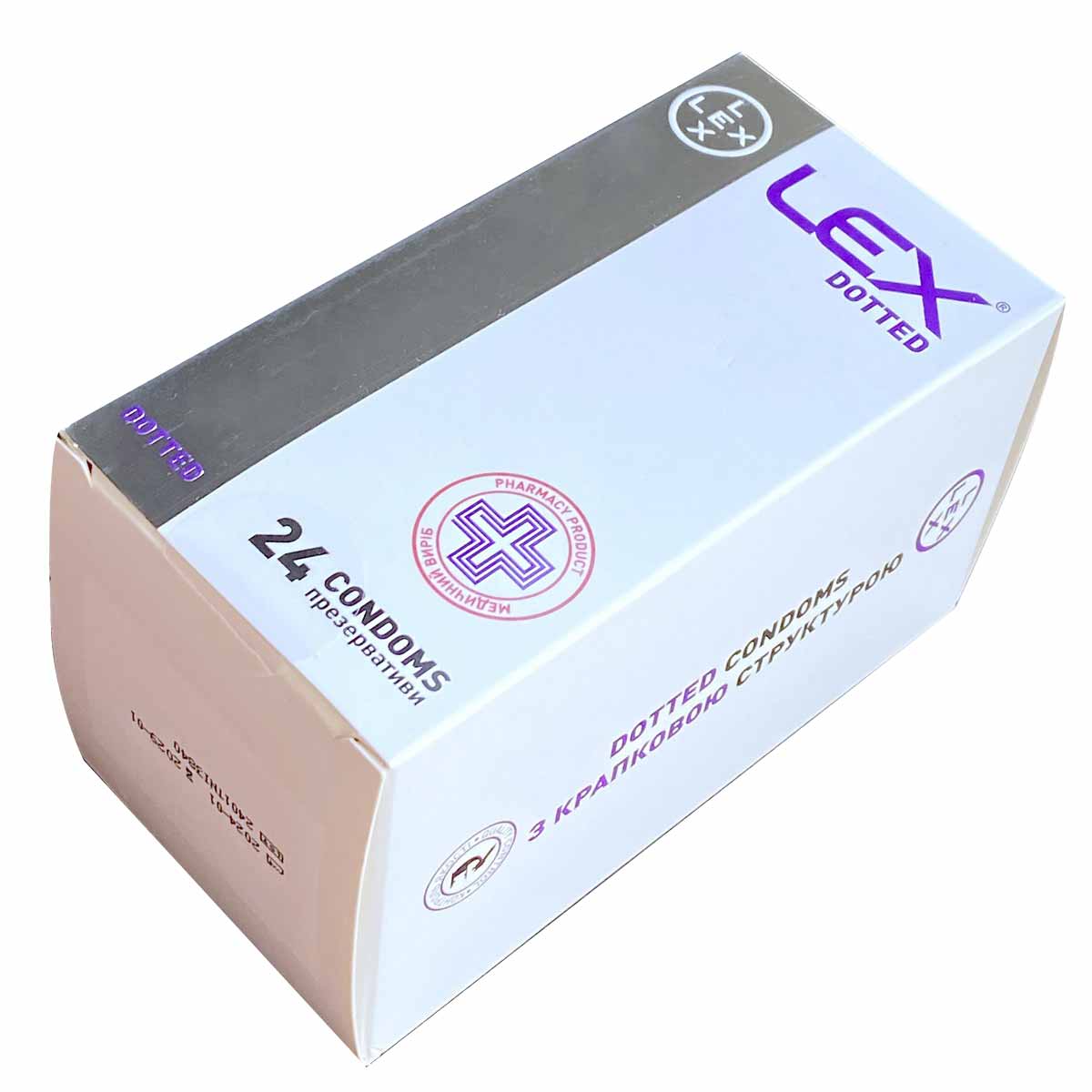 Черная коробка с белым и желтым текстом LEX Dotted, указано 24 презерватива
