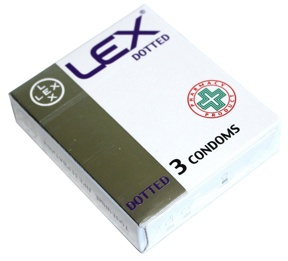 Синий фон, белая упаковка LEX Dotted с точечной структурой и надписью 3 шт