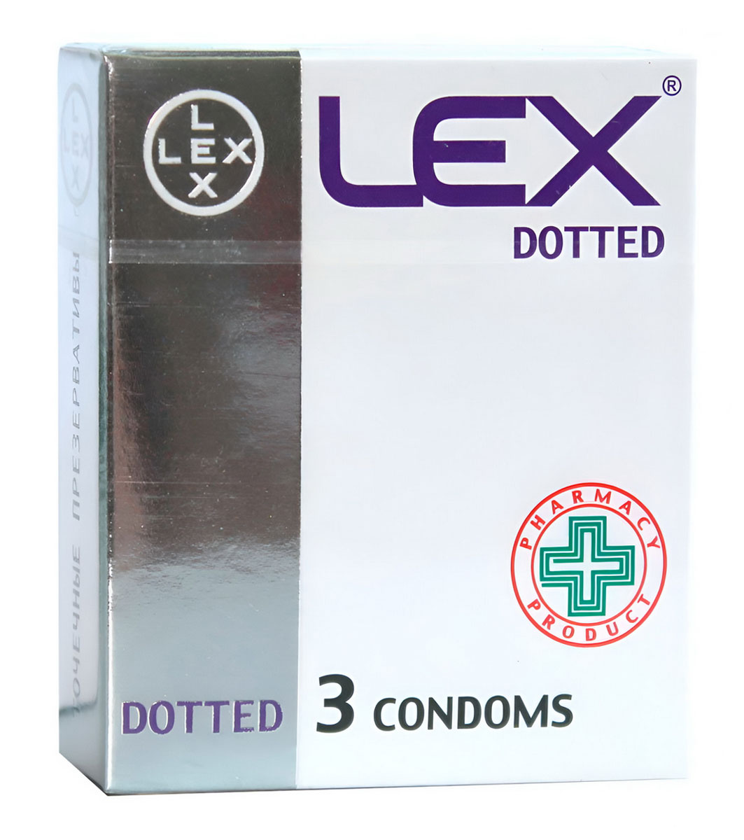 Чёрные упаковки презервативов LEX Dotted с белыми и жёлтыми надписями, 4 пачки по 3 штуки