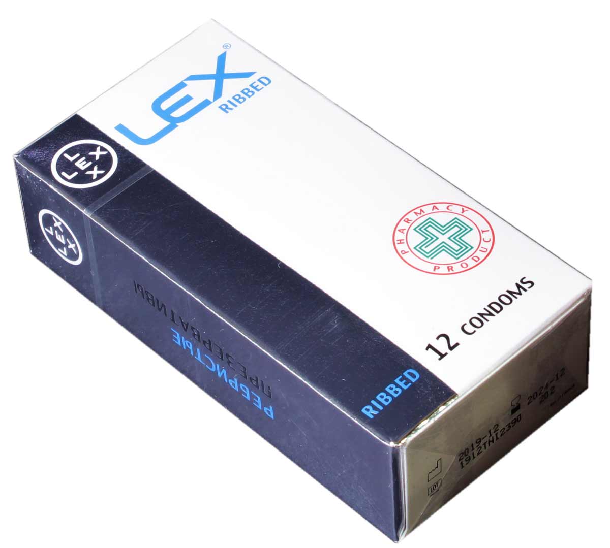 Темно-синий фон, белый и желтый текст LEX Ribbed, 12 шт, изображение ребристого кондома