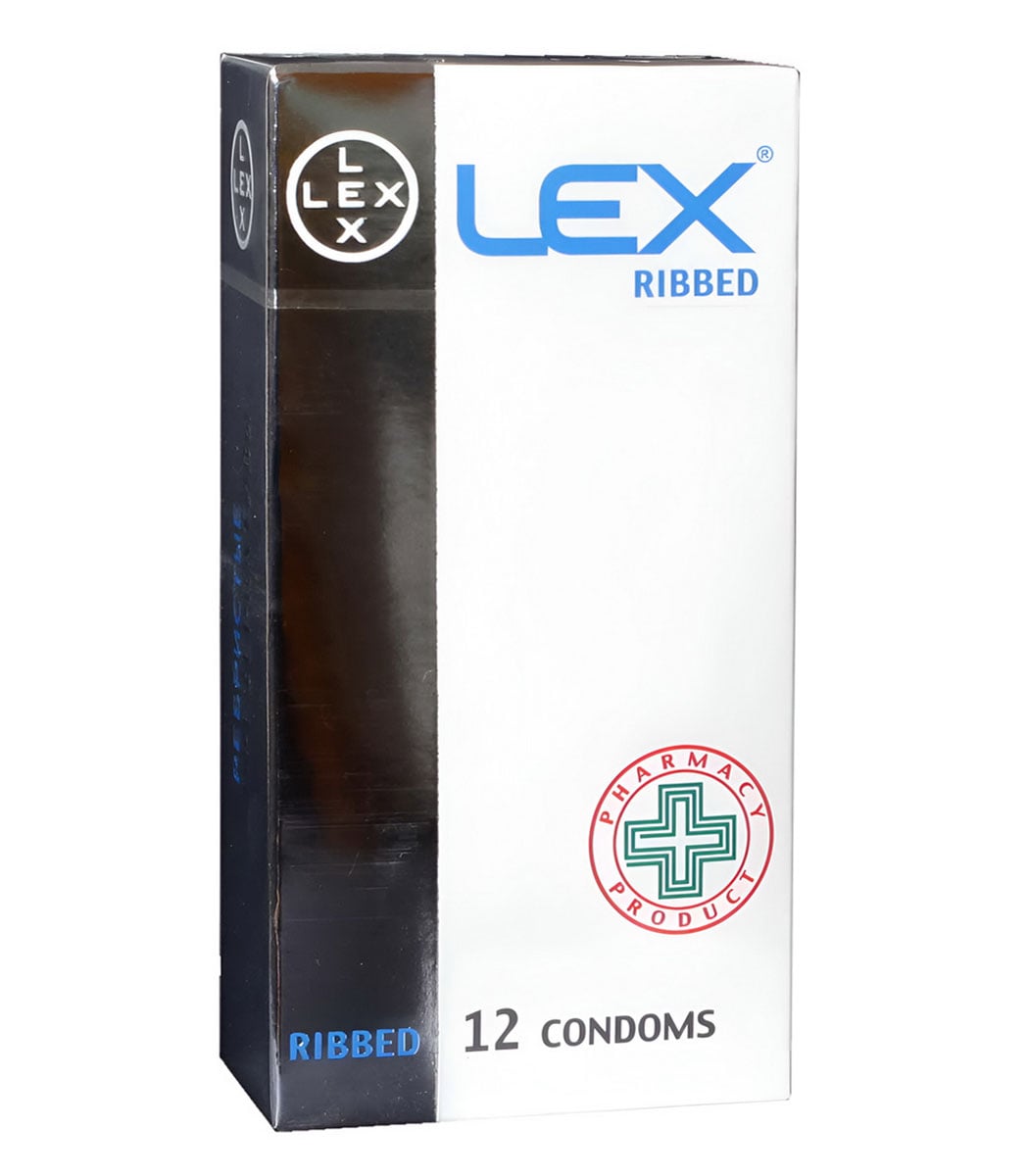 Разноцветные упаковки LEX с надписями Ribbed, Classic, Ultra Thin, Banana, Strawberry, 12 шт