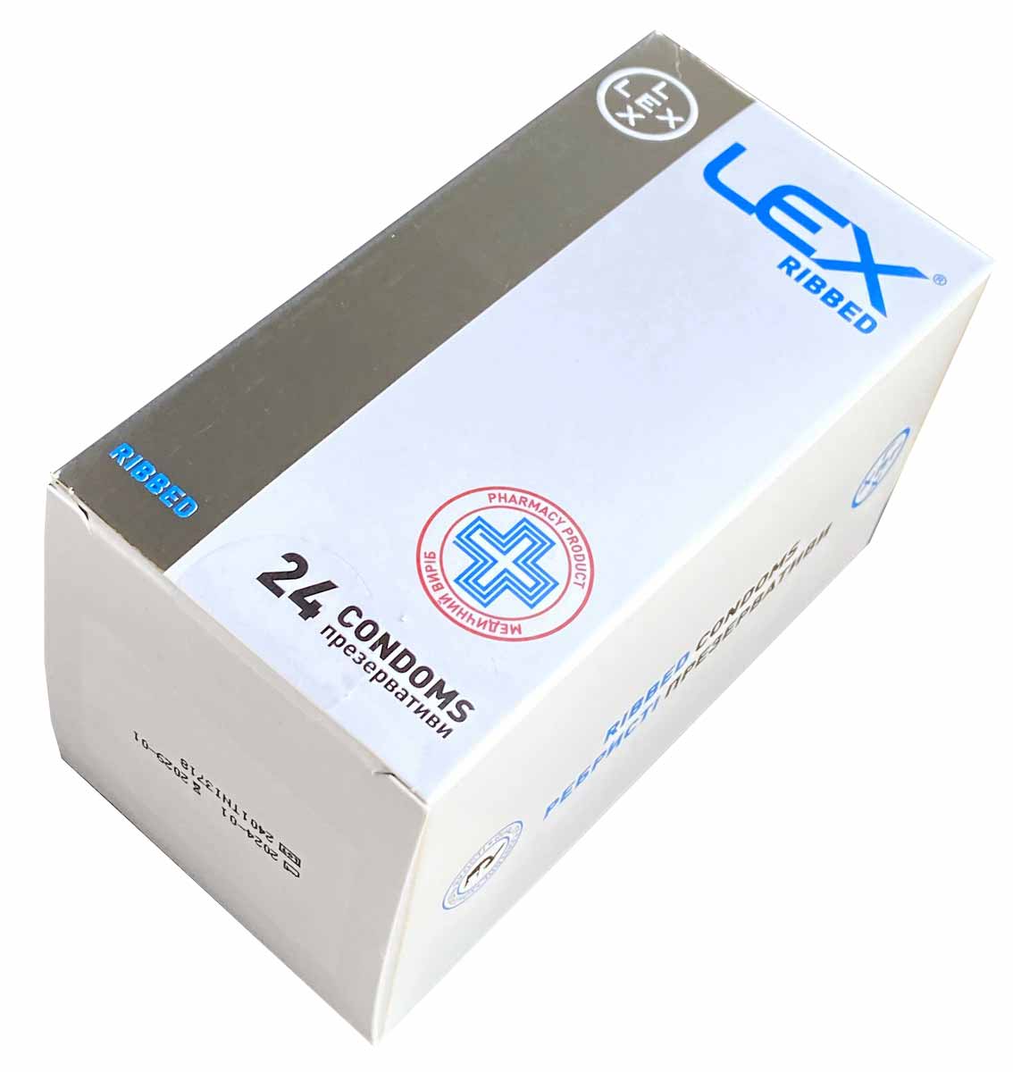 Синий фон, белая коробка с надписью LEX Ribbed, 24 презерватива с рельефом