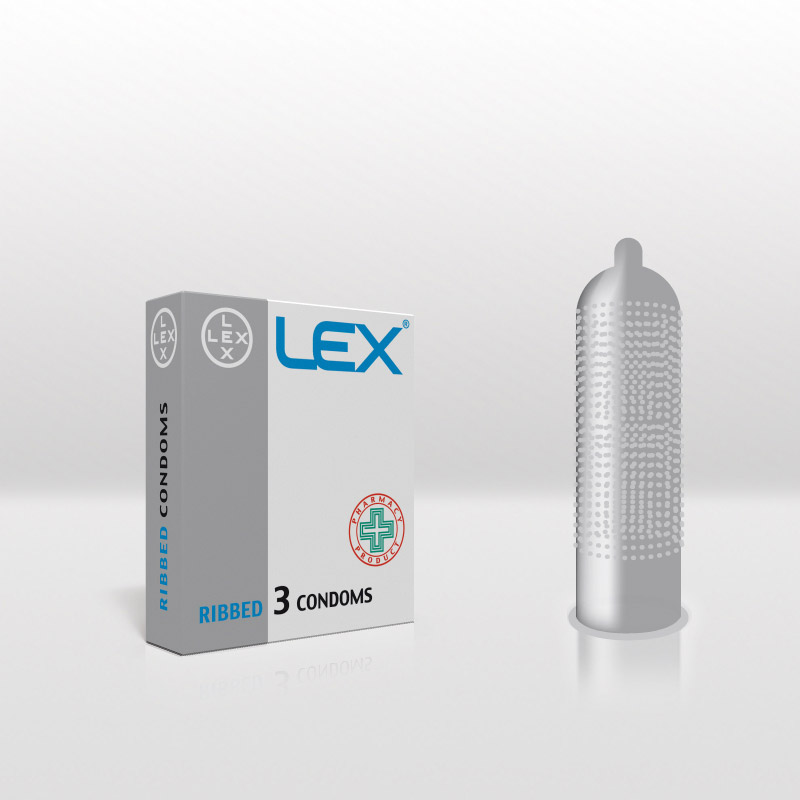 Темно-синяя упаковка LEX Ribbed с надписью Ribbed и количеством 3 презерватива