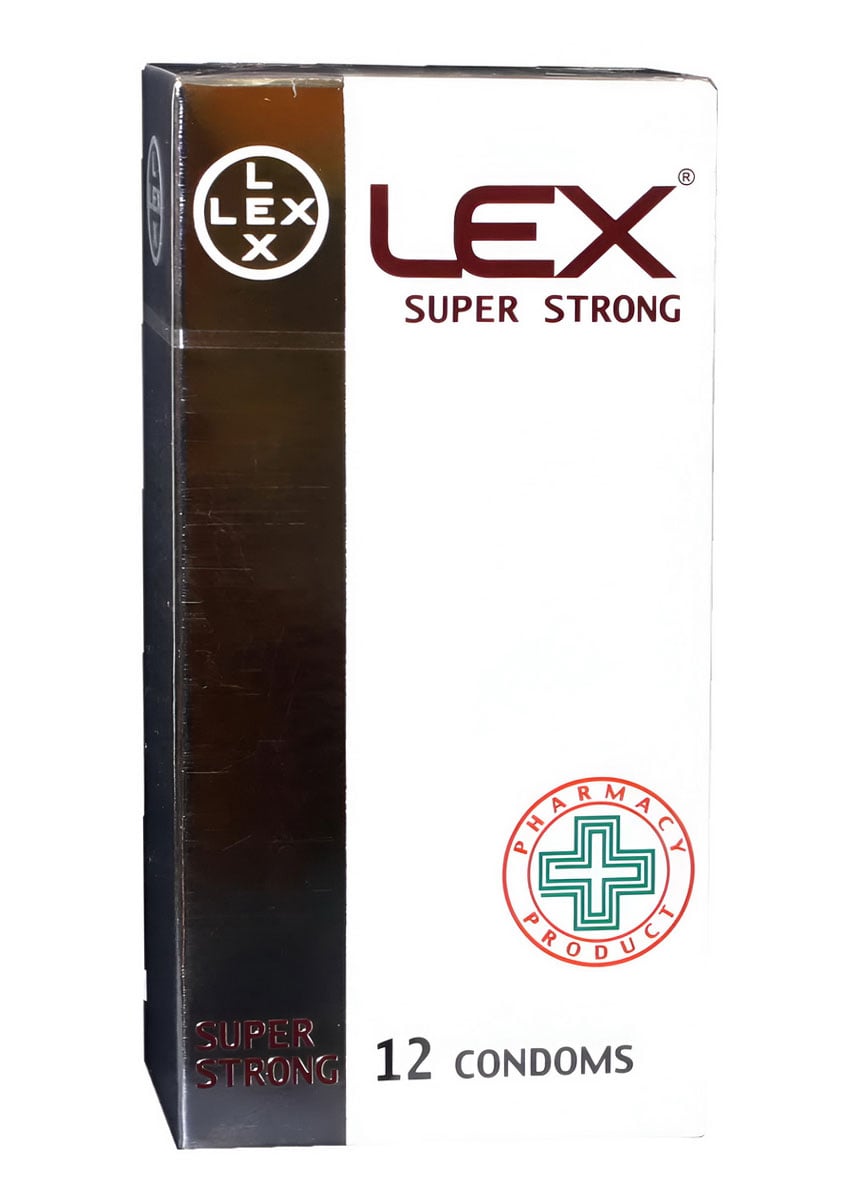 Пять разноцветных упаковок LEX Super Strong 12 с разными дизайнами и надписями