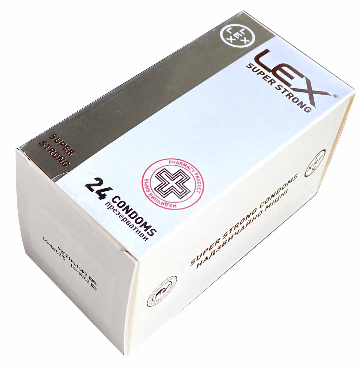 Черная упаковка с серебристой надписью LEX Super Strong и числом 24 на темном фоне