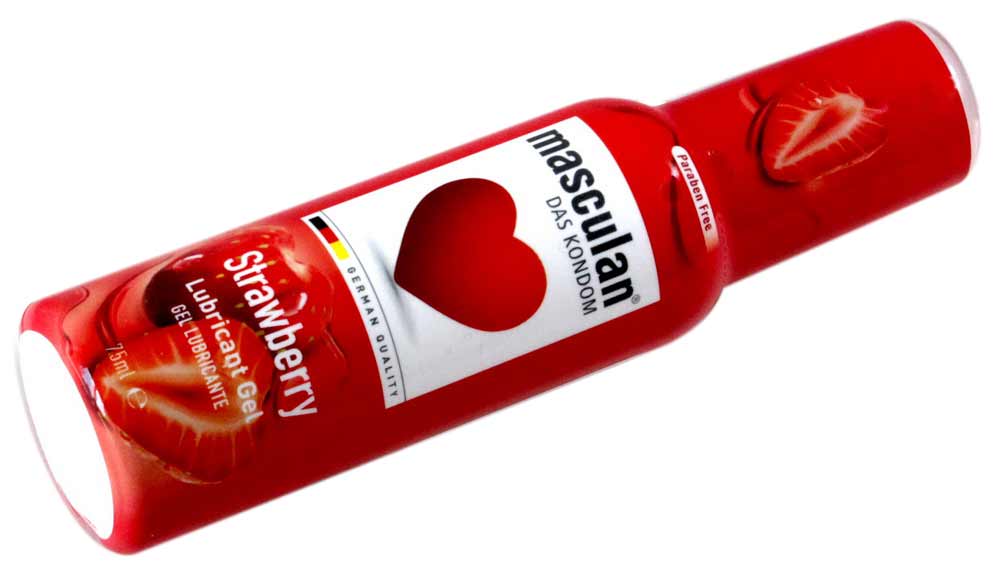 Прозрачный пластиковый тюбик с красной крышкой и логотипом Masculan Strawberry 75 мл