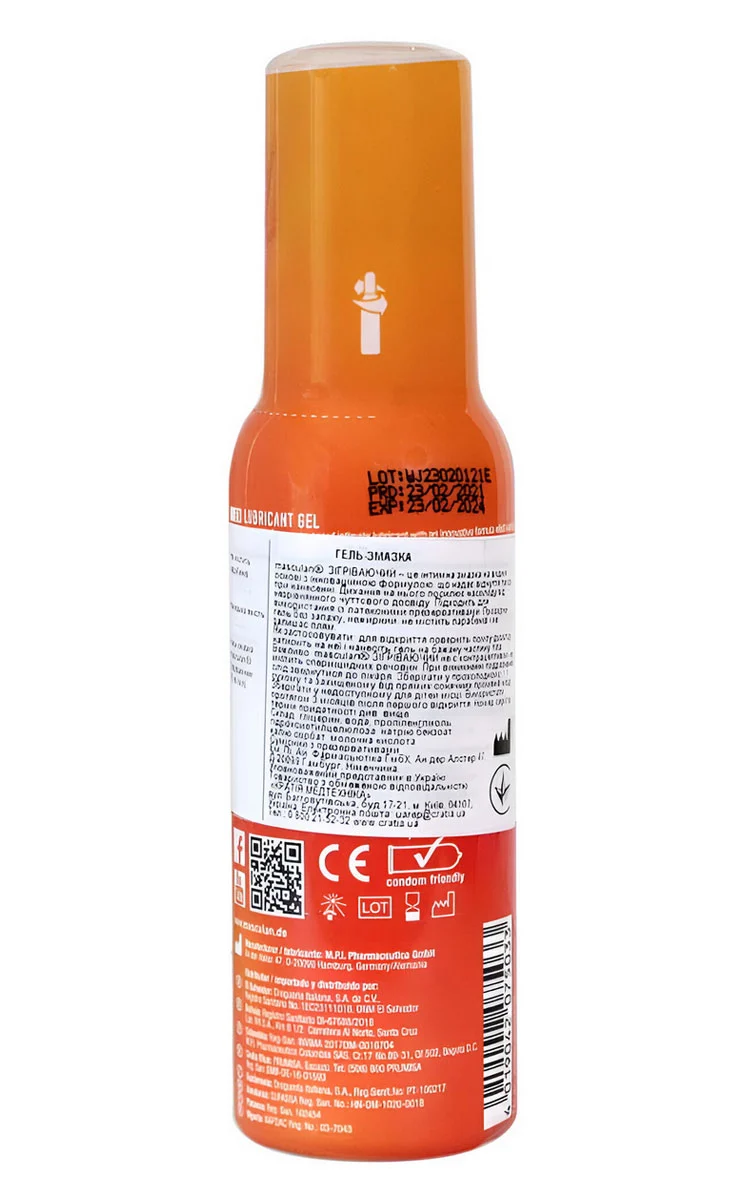 Прозрачный тюбик с оранжевой крышкой и надписью Masculan Warming 75 мл