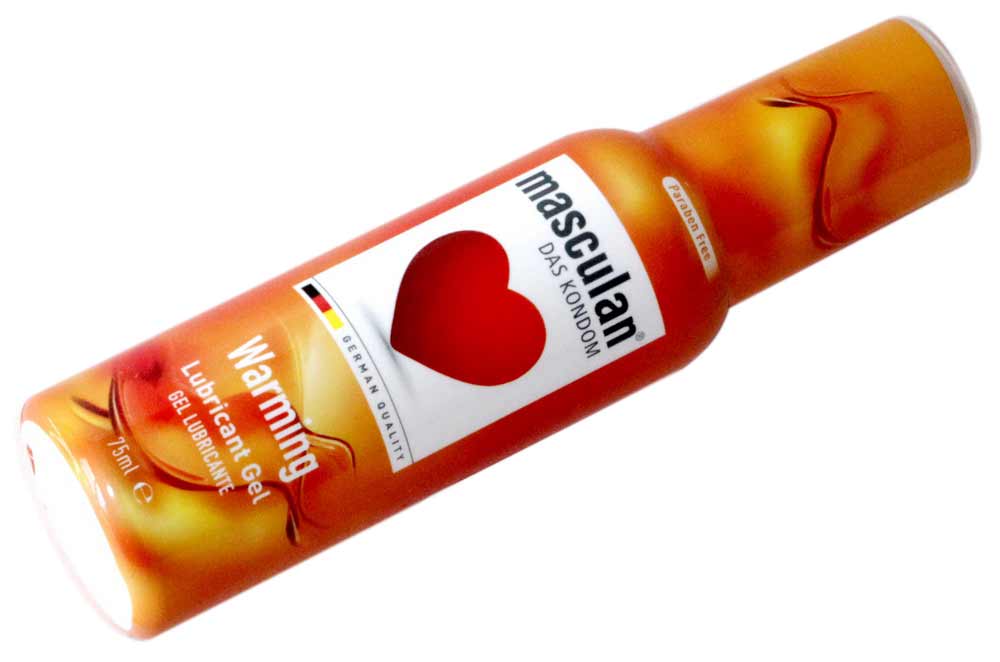 Прозрачный тюбик с оранжево-красной крышкой и надписью Masculan Warming 75 мл