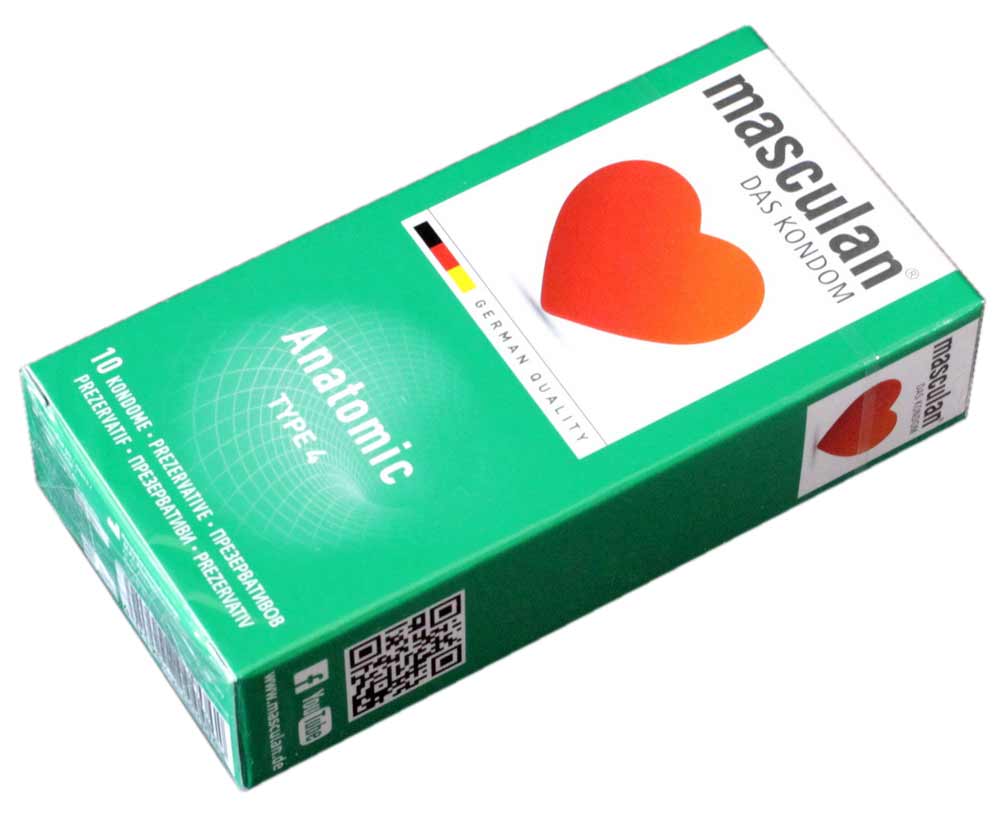 Синий фон с белой упаковкой презервативов Masculan Anatomic 10 штук и красным сердцем