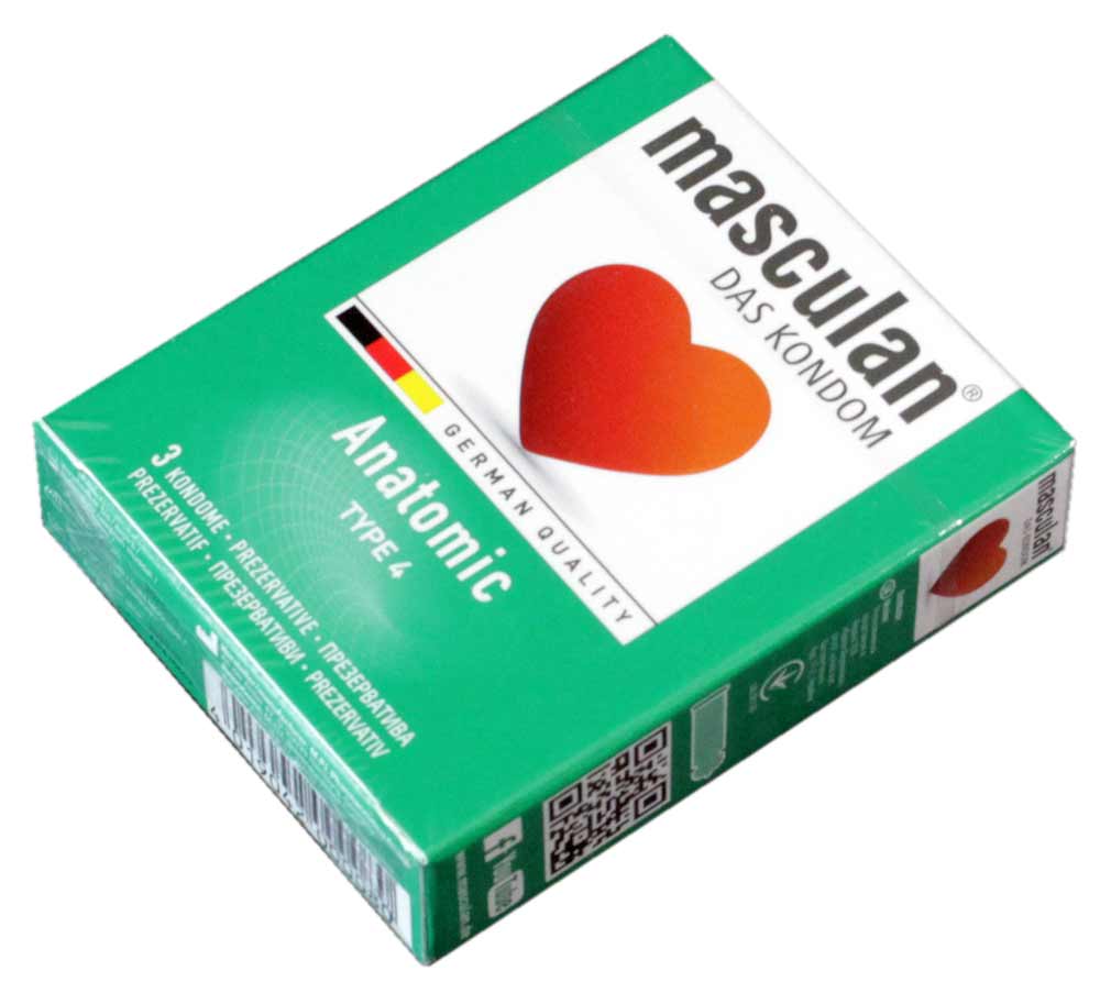 Сріблясто-біла коробка Masculan Anatomic з червоним серцем, напис 3 презервативи