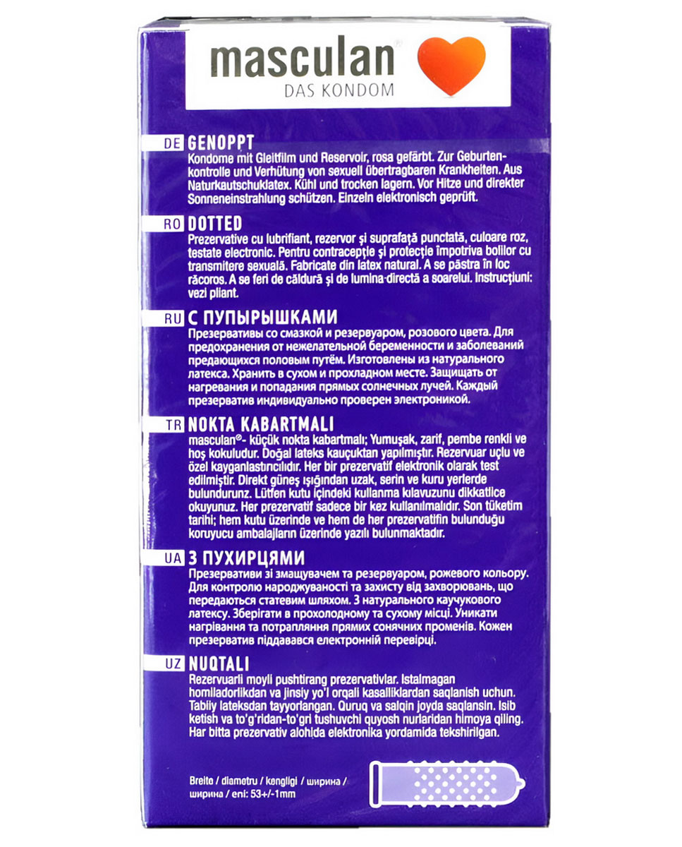 Светло-серая упаковка Masculan Dotted с красным сердцем, надписями и количеством 10 штук