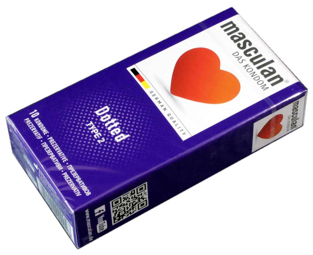 Ярко-красная коробка Masculan Dotted с белым сердцем, надписью 10 штук и рельефной точечной структурой