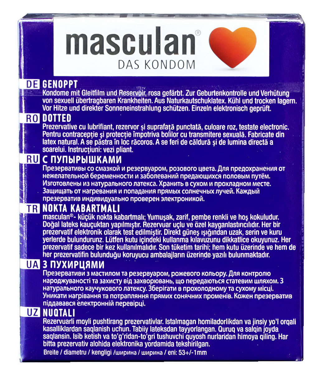 Светло-голубая коробка с логотипом Masculan, надписью Dotted и числом 3