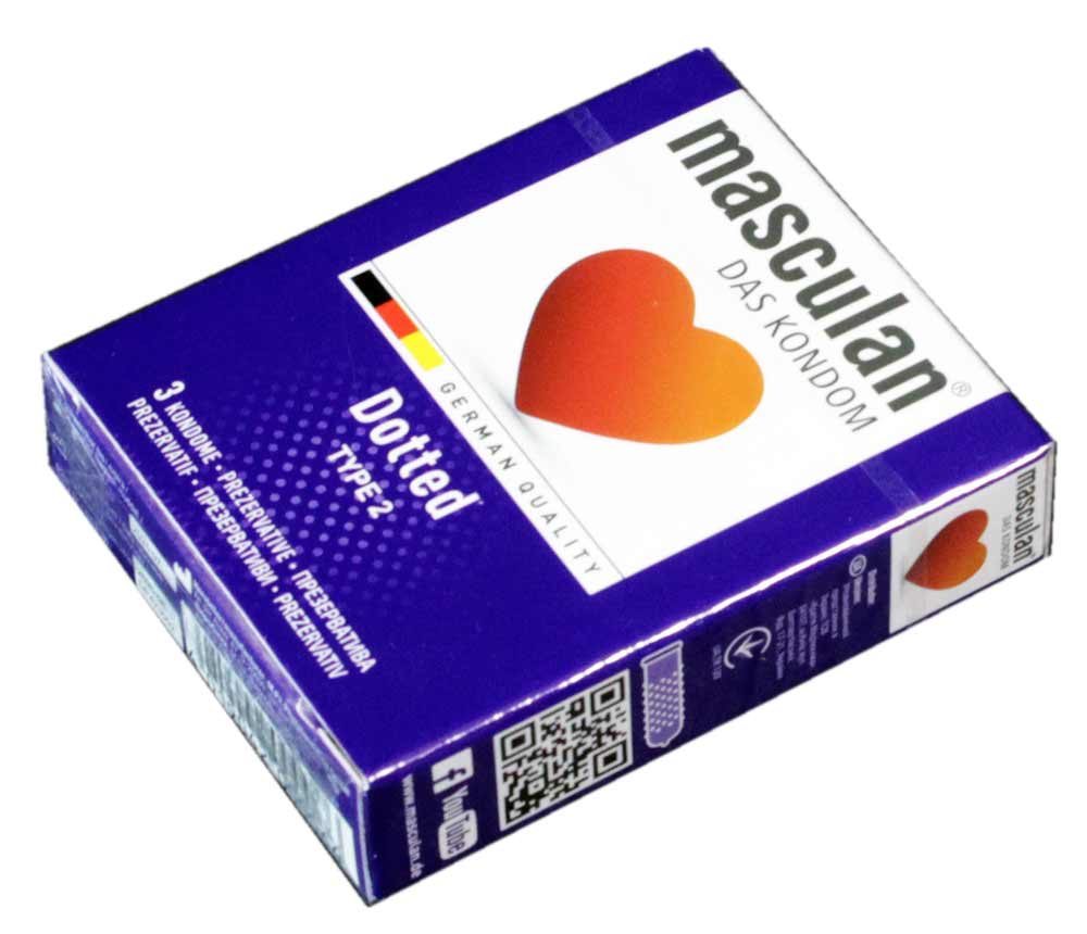 Светло-серый фон, упаковка Masculan Dotted с красным сердцем, надпись 3 шт