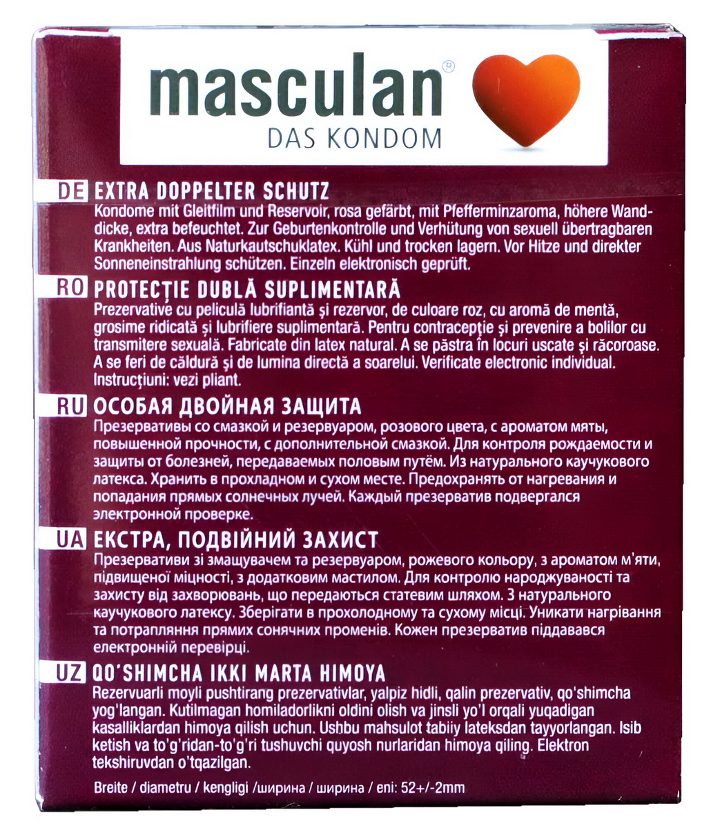 Сине-белая упаковка с крупным логотипом masculan и надписью Extra Double Protection 3 шт