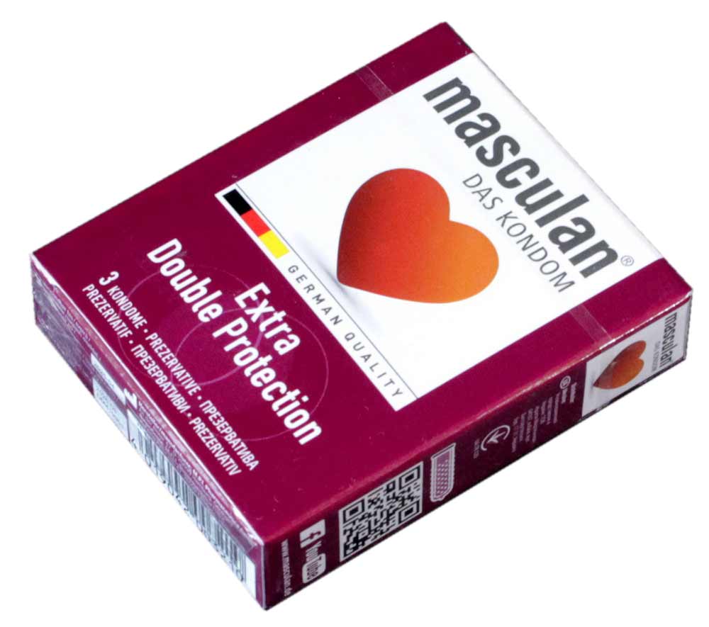 Светло-голубая коробка Masculan Extra Double Protection 3 презерватива с красным сердцем