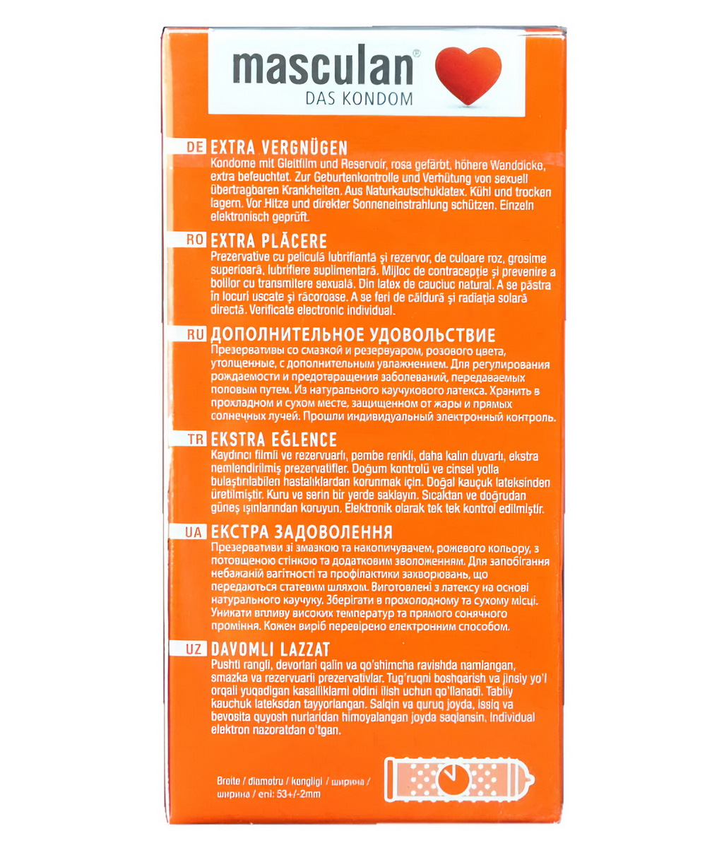 Светло-серая упаковка Masculan Extra Long Pleasure с красным сердцем и надписью 10 шт