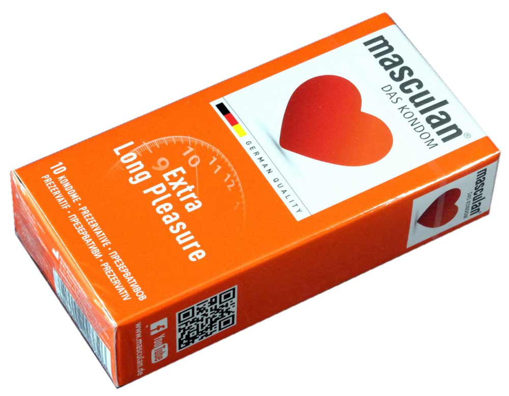 Темно-красная коробка с белым сердцем и надписью Masculan Extra Long Pleasure 10 штук